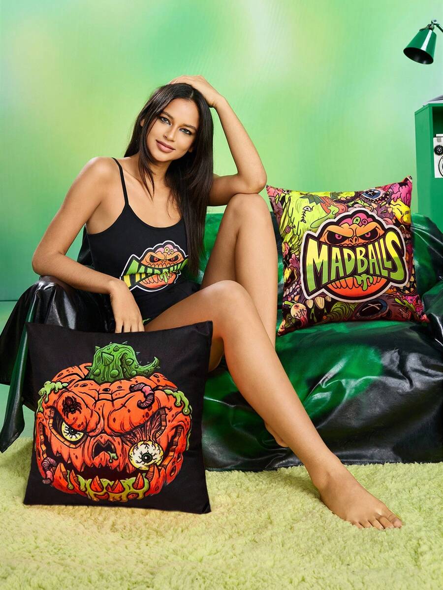 MADBALLS X SHEIN 1 Stück 45*45cm Plüschkissenbezug (ohne Kissenfüllung), Verrückter Augapfel & Kürbiskopf Muster Halloween Kissenbezug, fluoreszierender Digitaldruck Effekt, leuchtend & lebhaft, Halloween Dekoration