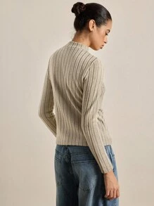 Airaco Fleeced Slim Fit Solid Color Rib Knit Stand Collar Long Sleeve T-Shirt For Women Fall Cloth For Women - Khaki - View 2