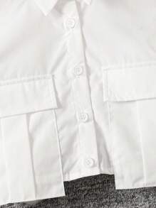 Young Girl Solid Color Woven Crop Shirt With Dual Pockets, Casual,Great For Casual & Daily Wear & School Daily - Apricot - View 4