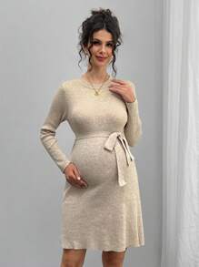 Momance 孕妇圆领修身长袖针织连衣裙（腰带款）