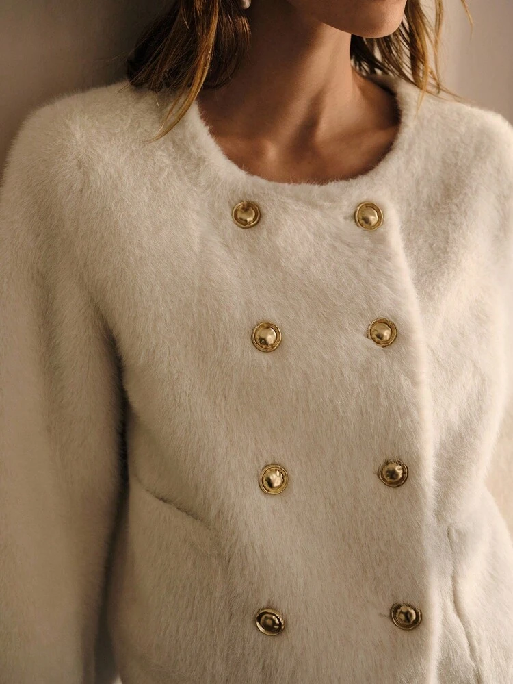 DOUBLE BREASTED LONG SLEEVE FAUX FUR COAT