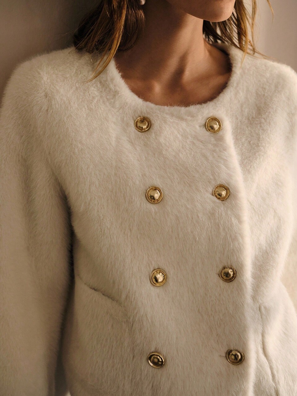 DOUBLE BREASTED LONG SLEEVE FAUX FUR COAT
