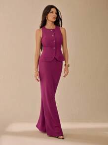 SHEIN Tall 2 件套极简主义时尚单排扣背心裙套装时尚优雅休闲简约日常纯色秋季商务休闲 - 酒紅色 - 查看 7