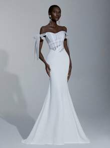 Elitara 优雅白色露肩飘袖蝴蝶结透视网眼鱼骨露肩鱼尾长拖尾婚纱，可调节肩带适合婚礼、毕业典礼、舞会、晚礼服 - 白色 - 查看 4