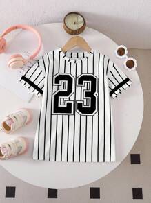 Babygirl Cute Summer Sports Style Colorblock Striped Numeric Pattern Loose Dress - Black and White - View 8