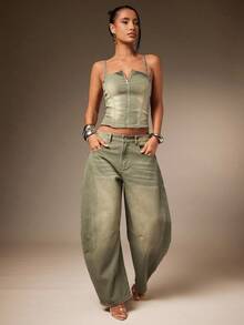 Hauture 性感夏季休闲橄榄色水洗弹力牛仔前拉链吊带背心 - 軍綠色 - 查看 3