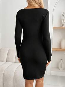 SHEIN 孕妇纯色方领长袖修身连衣裙 - 黑色 - 查看 2