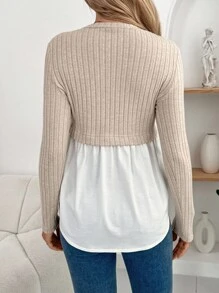 SHEIN Koszulka damska w ciąży z okrągłym dekoltem i długim rękawem, w kontrastowym kolorze, prążkowana, casualowa