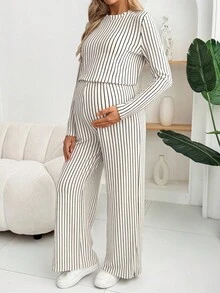 SHEIN 孕妇条纹圆领长袖休闲阔腿连体裤 - 杏色 - 查看 6