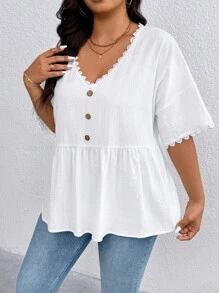 EMERY ROSE Plus Size Women's Solid Color Accessories Lace Casual Top - White - View 4