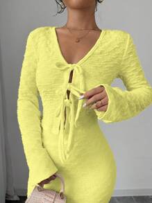 Selianne 2pcs Set: Textured Solid Color Long Sleeve Top And Skirt Fall Cloth For Women - Light Yellow - View 5