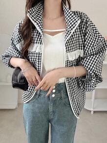 FRIFUL Jaqueta Casual Feminina de Viagem com Babado Xadrez