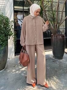 DAZY 两件套女士休闲宽松衬衫和阔腿裤套装，款式端庄时尚 - 杏色 - 查看 3