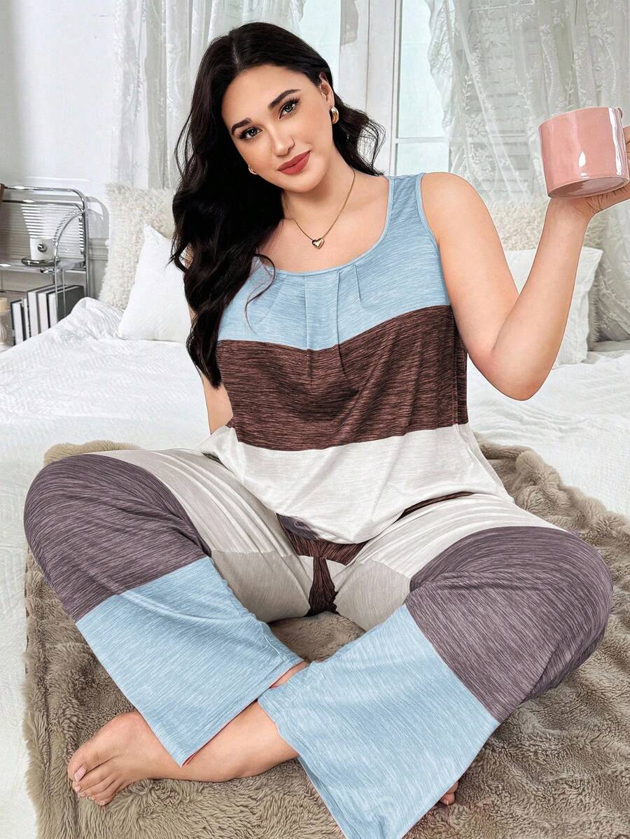 SHEIN 大码多色条纹印花背心和裤子休闲家居服睡衣套装 - 彩色 - 查看 1