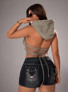 Flirla Casual Fashion Backless Tie-Up Hooded Sleeveless Plus Size Denim Jacket - Army Green - View 3
