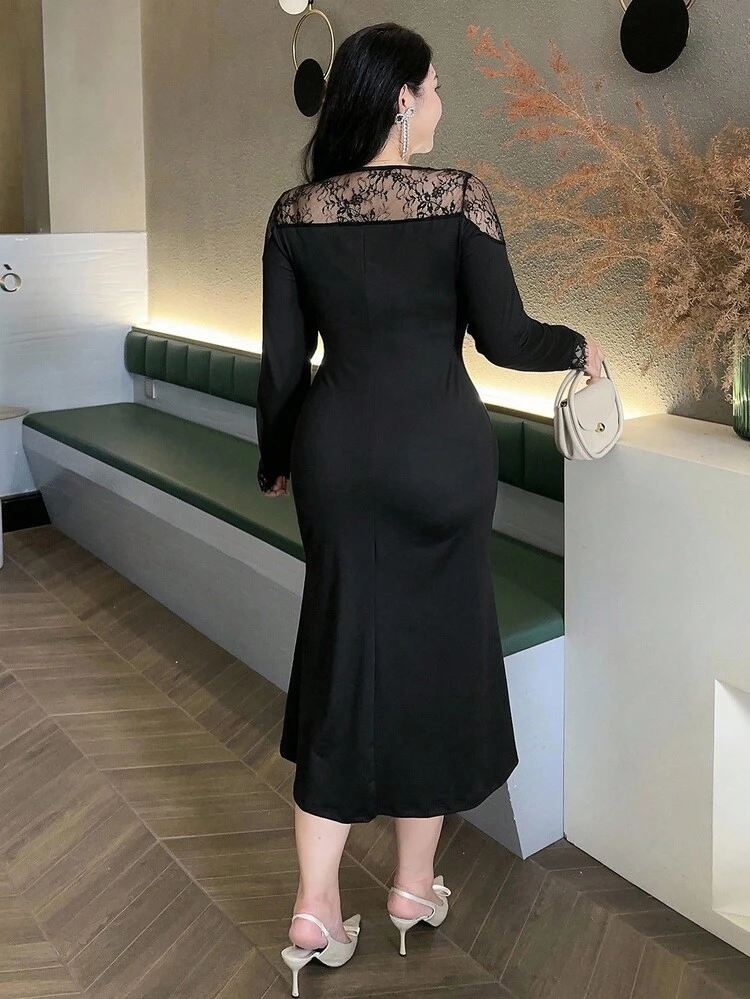 Dazy Plus Plus Size Women Elegant Long Knit Bodycon Dress With Lace V-Neck Long Sleeve, Suitable For Party Prom Dress
