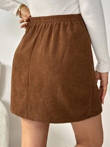 SHEIN LUNE 女式休闲纯色灯芯绒A字裙 - 棕色 - 查看 2