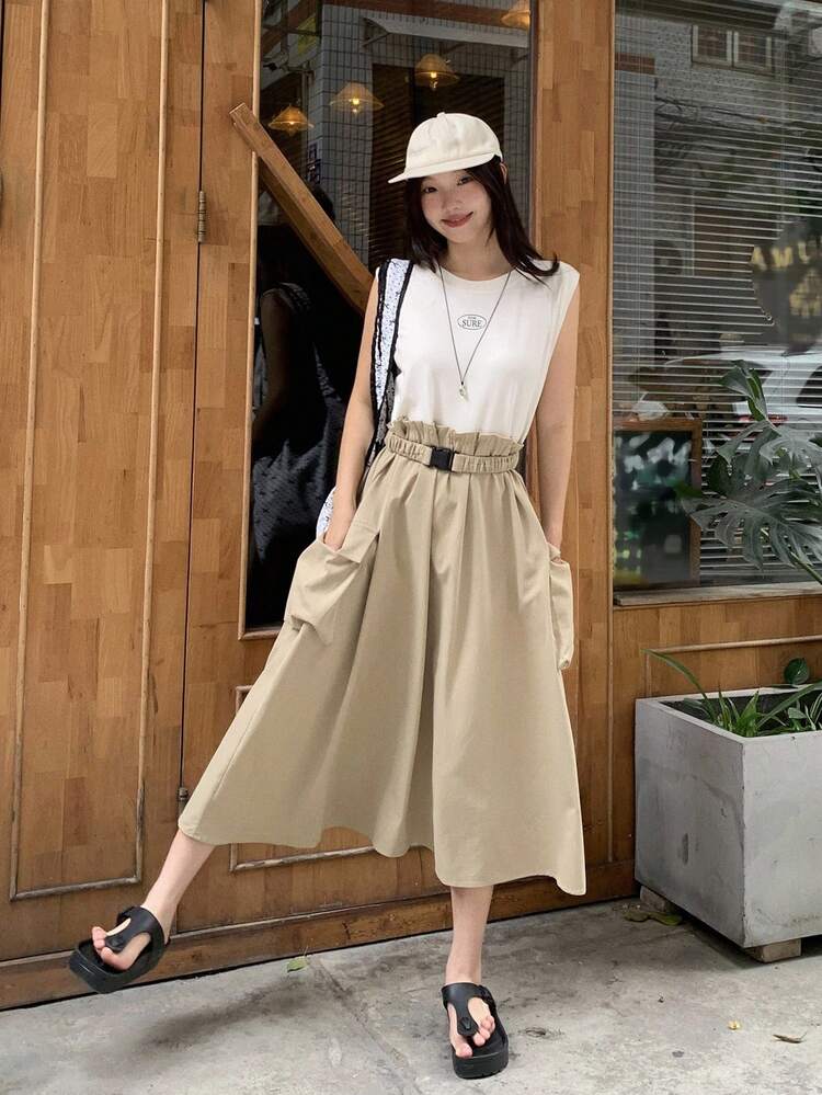 Women's Utility Pockets Patchwork Fresh Casual Round Neck Sleeveless Mid-Length Dress Sundress Maxi Dress