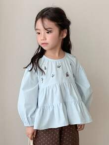 Dazy Kids 小女孩可爱刺绣长袖衬衫 - 藍色 - 查看 3