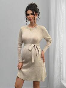 Momance 孕妇圆领修身长袖针织连衣裙（腰带款）