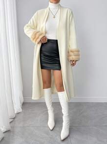 Chiquease Women Winter Clothes Furry Cuff Mid-Length Solid Color Long Fashionable Overcoat - Beige - View 3