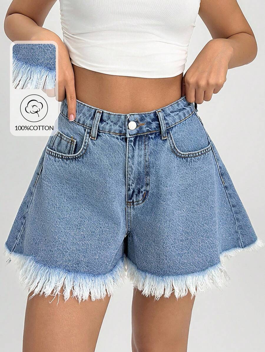 SHEIN Cottnline سروال جينز قصير ونطاق ساقه عريض مع جيوب وهامش مبتر للنساء - أزرق متوسط - مشاهدة 1
