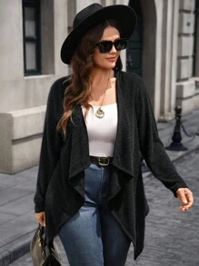 SHEIN CURVE+ 大码女式纯色长袖开襟休闲宽松夹克，大码秋装，女式冬装，商务休闲女装，女士优雅服装，适合时尚日常穿着 - 黑色 - 查看 8