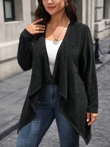 SHEIN CURVE+ 大码女式纯色长袖开襟休闲宽松夹克，大码秋装，女式冬装，商务休闲女装，女士优雅服装，适合时尚日常穿着 - 黑色 - 查看 5