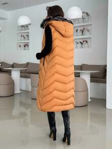 EURMUSE Women Long Fake Fur Hooded Padded Vest, Winter Coats - Mustard Yellow - View 2