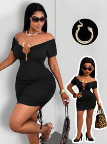 Maweii Plus Size Women's Metallic Snake Skin Asymmetric Hem Side Ruched Tie Waist Dress