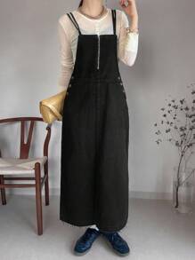 FRIFUL Robe salopette en jean décontractée pour femmes avec fermeture éclair à demi-patte et design de boutons latéraux - Noir - Voir 3