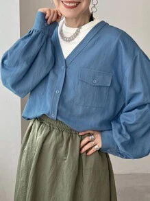 FRIFUL Camisa casual suelta de mujer de un solo pecho con bolsillo de carga, de manga larga y hombros caídos, de unicolor, para otoño e invierno - Azul - Ver 5