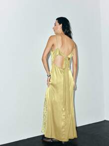Lumivelle Vestido con tirantes finos, encaje y parches, con nudo en la espalda, vestido de verano para la universidad - Amarillo - Ver 2
