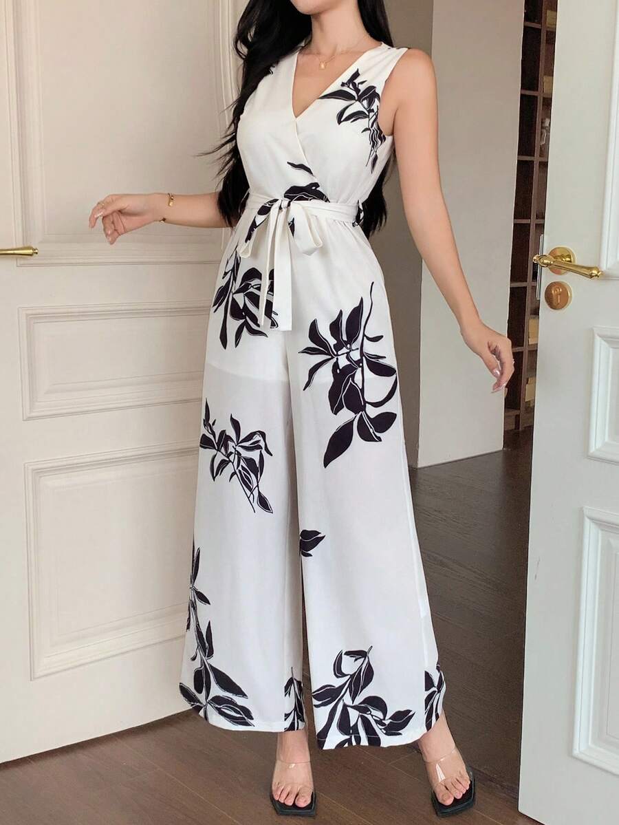 DAZY 女士优雅碎花V领无袖连体裤，夏季度假 - 米色 - 查看 1