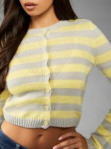 MISSGUIDED 女式纽扣开衫毛衣黄灰色条纹图案长袖罗纹针织短款修身冬春时尚必备分层上衣 - 彩色 - 查看 5
