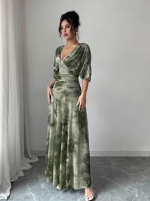 Elenzga Women's Tie-Dye Print V-Neck Ruched Batwing Sleeve Elegant Dress - Army Green - View 5