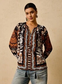 Travachic Áo sơ mi dài tay in họa tiết cây nhiệt đới màu đen cỡ lớn dành cho nữ, cổ chữ V, tua rua, dây rút - màu đen - Xem 4