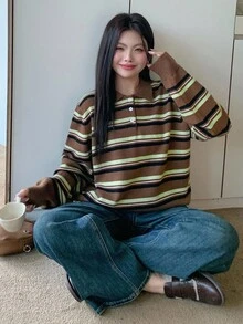 Dazy Plus Sweter damski w paski z kołnierzykiem polo i luźnym krojem w dużych rozmiarach, uniwersalny na jesień/zimę - Brązowy - Zobacz 12