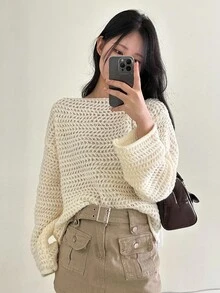 DAZY Hollow Out One-Shoulder Loose Knit Sweater Women, Cropped Flare Sleeve Pullover Fall - Apricot - View 6