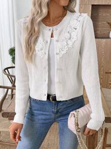 EMERY ROSE New Autumn/Winter Slim Fit Vintage Rejuvenating Gentle Elegant Versatile Lace Crochet Cardigan For Women Fall Back To School - White - View 4