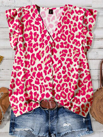 SHEIN Clasi Plus Size Casual Textured Leopard Print Shirt, Suitable For Summer Outings