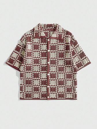 Street Life Men's Loose Dropped Shoulder Hollow Out Knit Shirt, Vacation Shirt