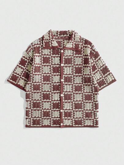 Street Life Men's Loose Dropped Shoulder Hollow Out Knit Shirt, Vacation Shirt