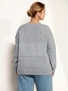 Momelise Plus Size Solid Color Hollow Out Knit Sweater, Casual For Autumn/Winter Fall Cloth For Women - Light Grey - View 2