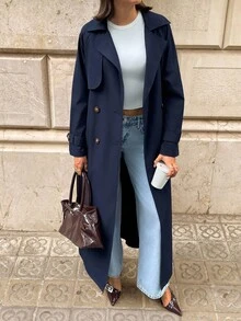 Aloruh 女士休闲纯色翻领腰带加长海军蓝秋冬风衣 - 藏蓝色 - 查看 3