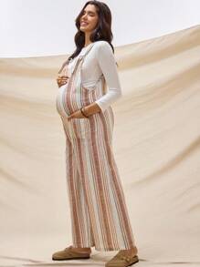 Boho Mama Kombinezon ciążowy, swobodny, w paski, z szerokimi nogawkami i blokami kolorów - Wielokolorowe - Zobacz 3