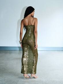 KIZN 蛇纹印花吊带高腰修身晚礼服，金属光泽长款派对正式礼服 - 綠色 - 查看 2