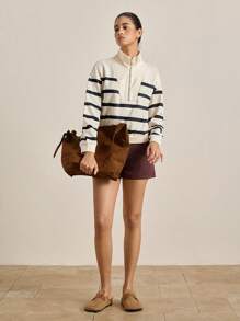 Airaco 女士条纹印花休闲半拉链领卫衣，毕业季、教师节、返校季套头衫 - 杏色 - 查看 2