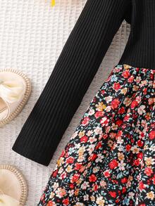 Emery Rose Kids Emery Rose Kids Young Girl Ribbed Fitted Patchwork Ditsy Floral Round Neck Long Sleeve Fitted Casual Cake A-Line Dress,Autumn Winter New Arrival,Daily Wear, School, Autumn & Winter Fall - Black - View 7