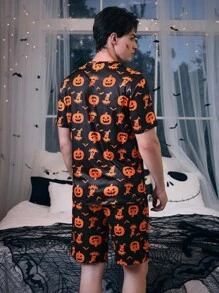 CoupledUp Halloween Pumpkin Print Short Sleeve Shorts Men Pajama Set - Multicolor - View 2